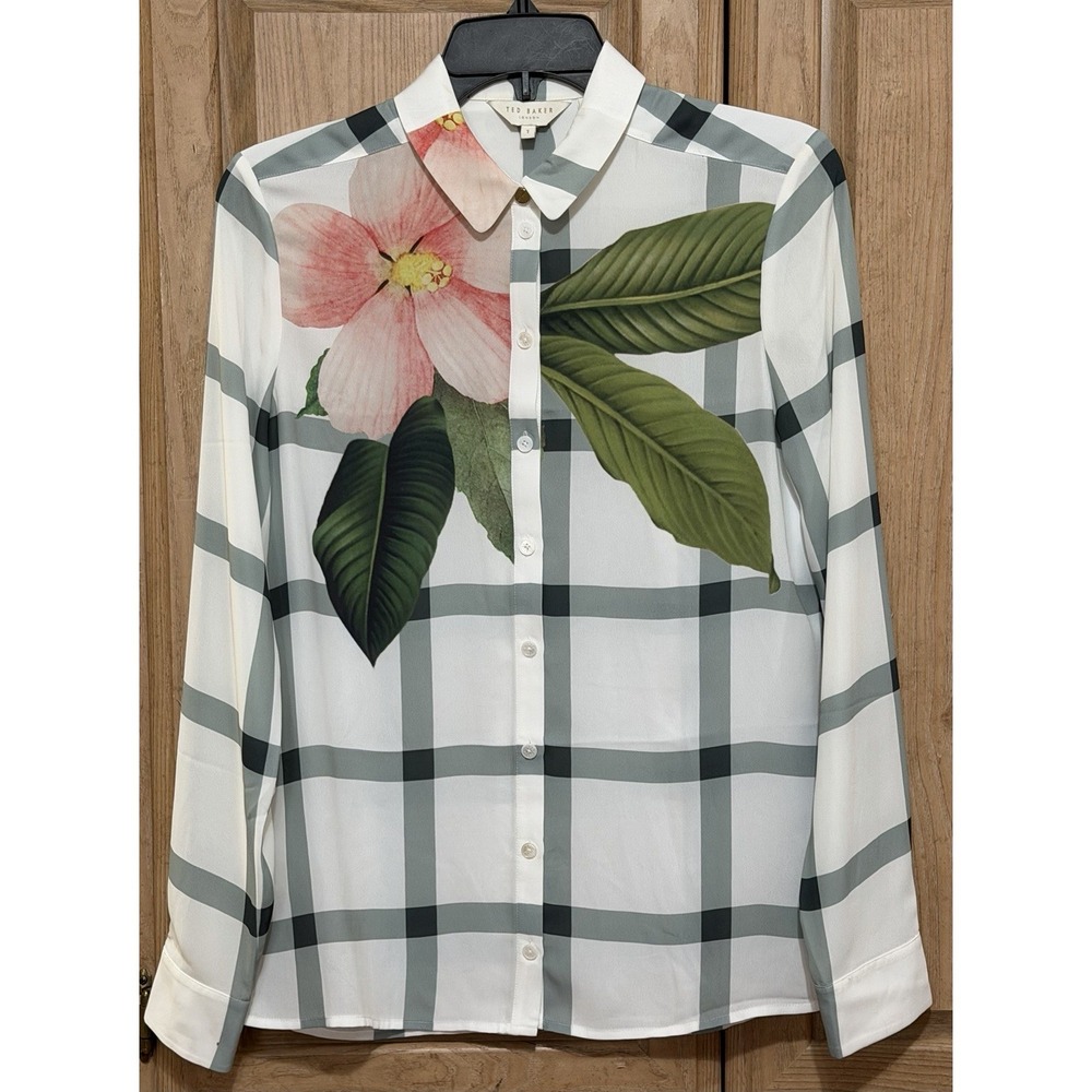 Ted Baker London Floral Hibiscus Check Long Sleeve Buttons Blouse Top Sz 1 US 4